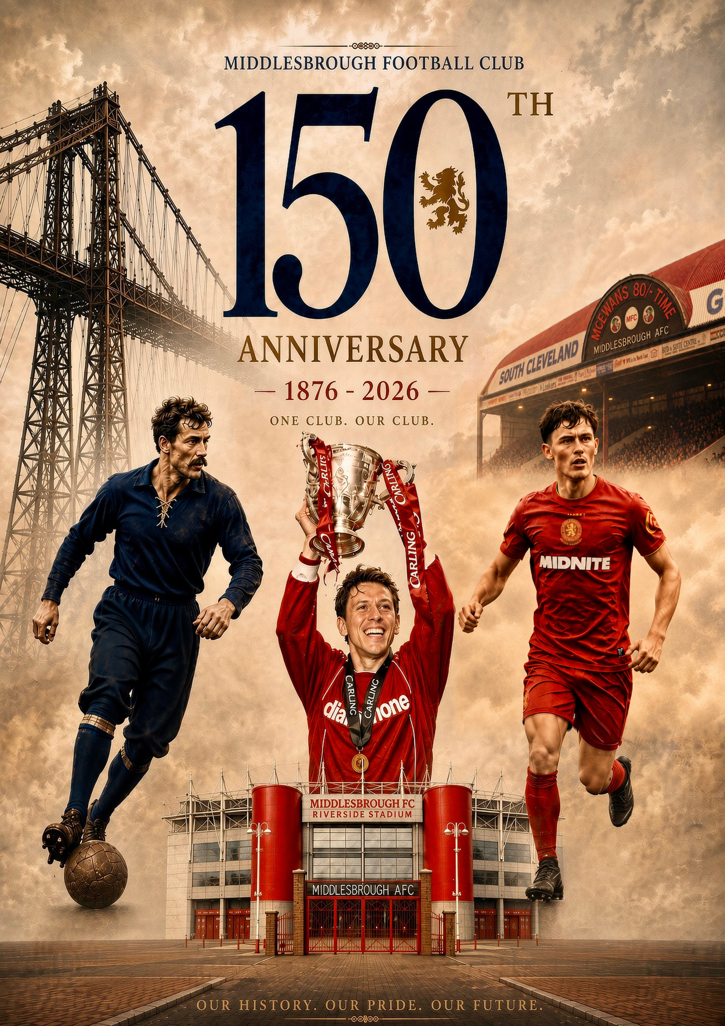 Middlesbrough 150th Anniversary artwork featuring three football eras, the Transporter Bridge, Ayresome Park and Riverside Stadium
